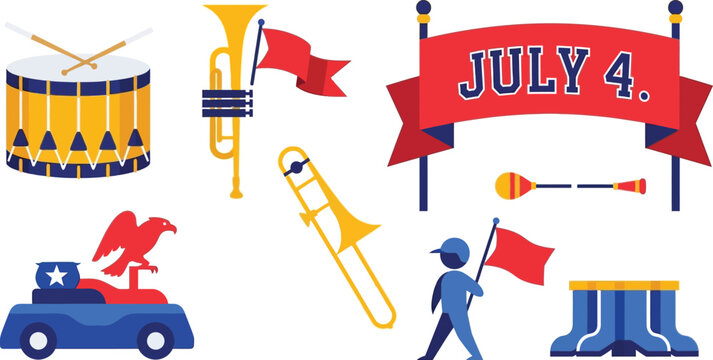 July fourth parade icons drum trumpet trombone eagle car flag bearer and drum major.