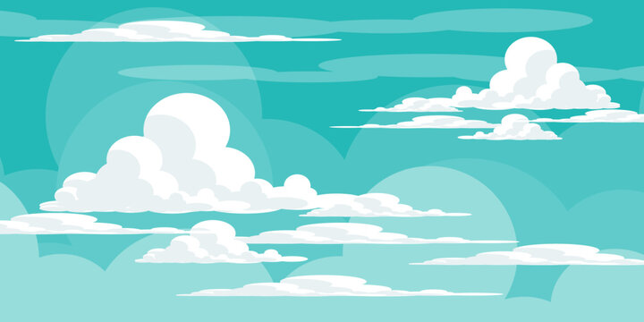 Illustration of a blue sky with white clouds in a flat style. Blue sky background and white clouds. Cartoon sky,summer background..