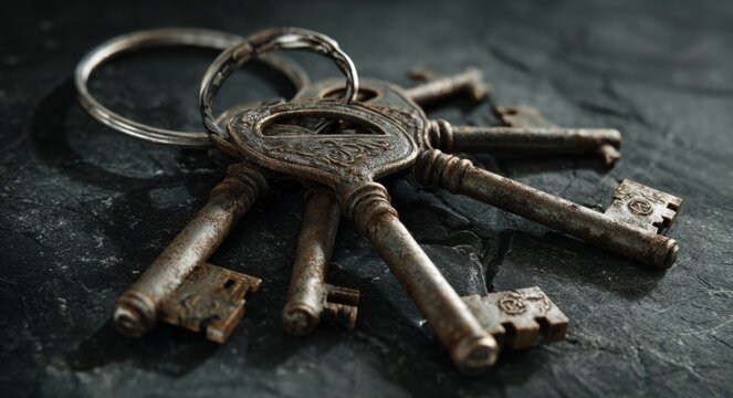 Vintage metal keys hanging from an old keychain with attached keyring on dark surface