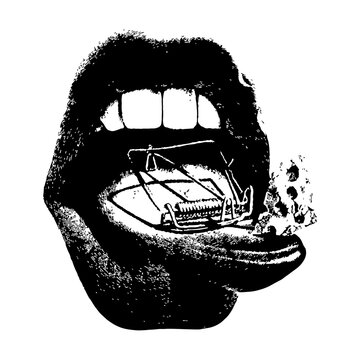 open mouth with a mouse trap, black and white illustration