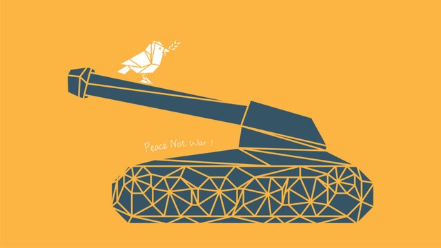 Polygon peace dove carrying olive branch on military tank isolated on yellow background