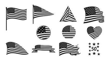 Obraz premium Set of black and white american flags in diverse styles and forms representing usa patriotism and liberty symbols.