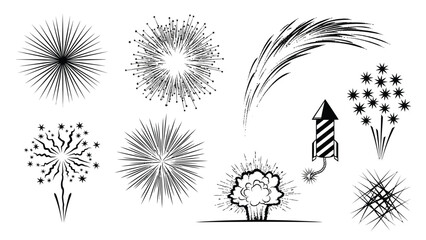 Obraz premium Collection of black and white fireworks, rockets, and explosion effects for festive illustrations.
