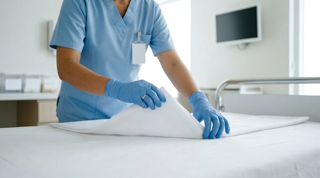Dedicated medical professional carefully folding fresh linen for a hospital bed