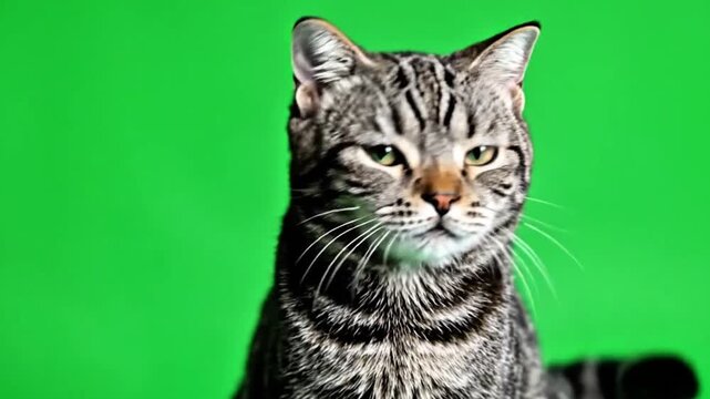 Close-up portrait of a domestic tabby cat with a distinct striped fur pattern looking directly forward against a vibrant solid green screen background