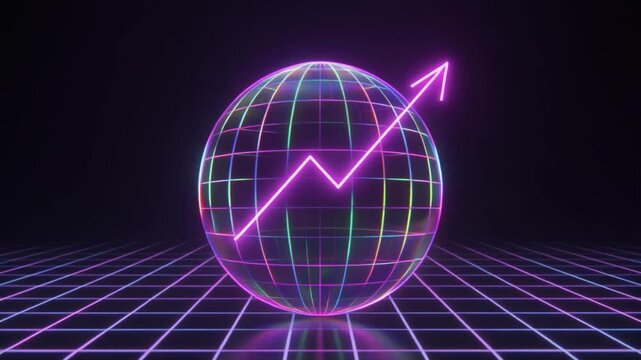 Futuristic holographic sphere floats above a glowing grid surface. Perfect for tech projects and gaming branding. Use it for futurism.