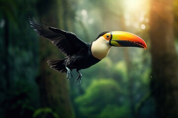 Obraz premium Toucan flying in forest animal nature bird.