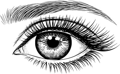 Fototapeta premium Detailed black and white sketch of an eye with long eyelashes. Vector illustration