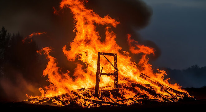 Intense bonfire with a wooden frame burning brightly on transparent background