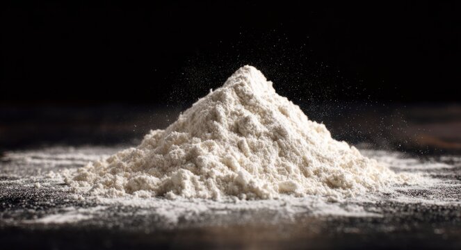 Fine white flour sprinkled on a dark surface with a raised mound texture