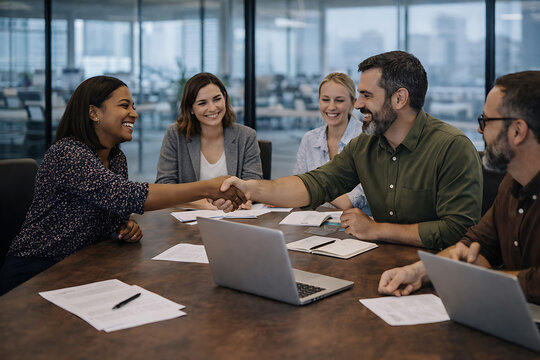 Business professionals shake hands during a collaborative meeting indoors