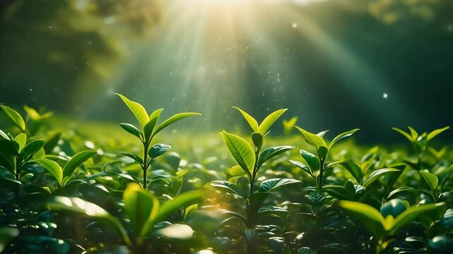 Sunlight filters through lush green tea plants in a serene garden. Ideal for wellness branding and nature photography. Use it for calm.