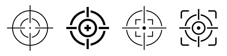 Fototapeta premium Aim target icon set. Gun target, focus, sniper, shoot, reticle, sharpshooter, crosshair symbol on white background - stock vector.