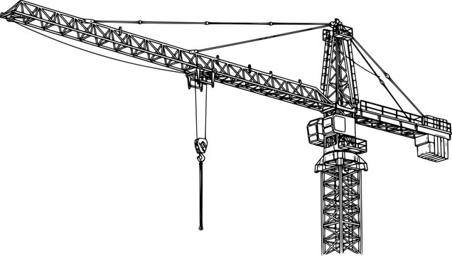 Black and white line drawing of a tower crane, detailed construction sketch. Vector illustration
