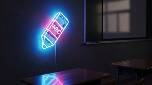 Vibrant neon pencil sign illuminating a dark classroom, symbolizing modern learning and creative