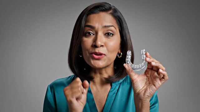 Woman Demonstrates Clear Aligners for Teeth Straightening.