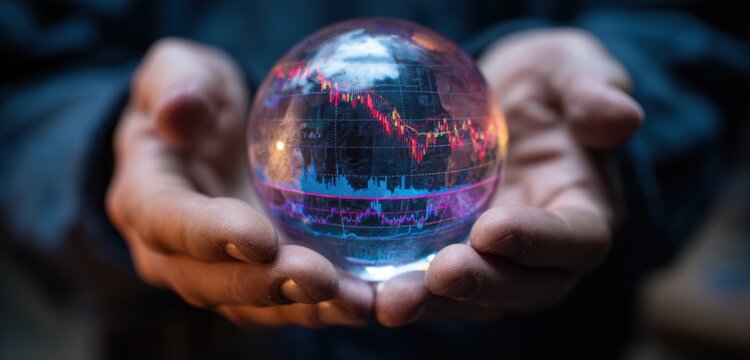 Futuristic crystal ball displaying a dynamic stock market graph with colorful lines and signals, symbolizing financial data and market fluctuations
