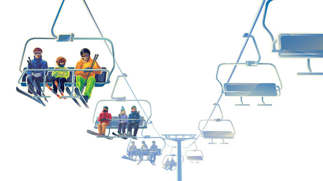 Illustration for ski lift in motion with happy vacationers people. Winter sports, alpine adventure, tourism concept.