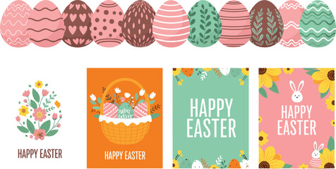 Happy Easter Cards and Colorful Easter Eggs, Floral Easter Greetings, Spring Celebration and Festive Holiday Design, Easter Decorations and Icons © Mehedi
