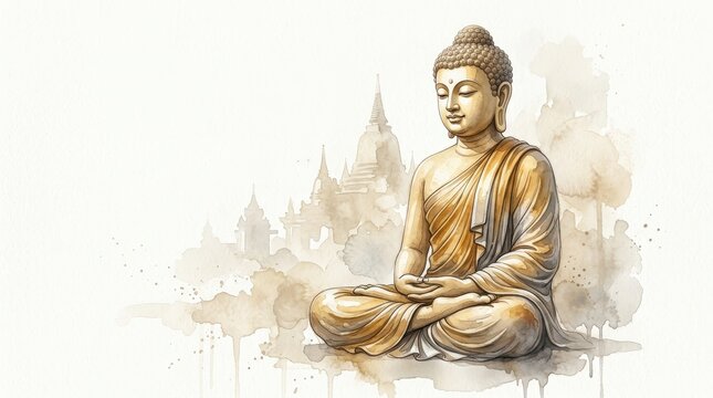 Golden Buddha meditating in lotus pose with watercolor temple background Buddhism meditation