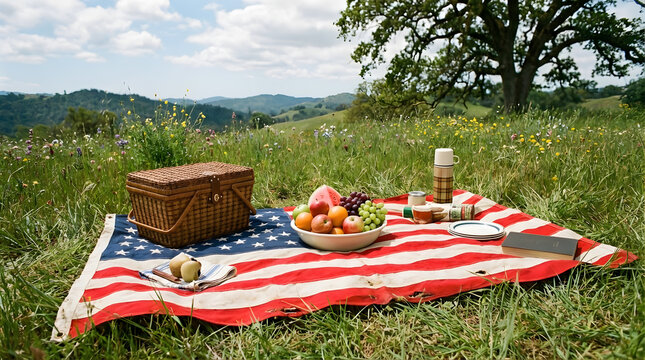 A red wicker basket filled with summer fruit and wine sits on a picnic blanket in a lush green park meadow surrounded by spring flowers and trees