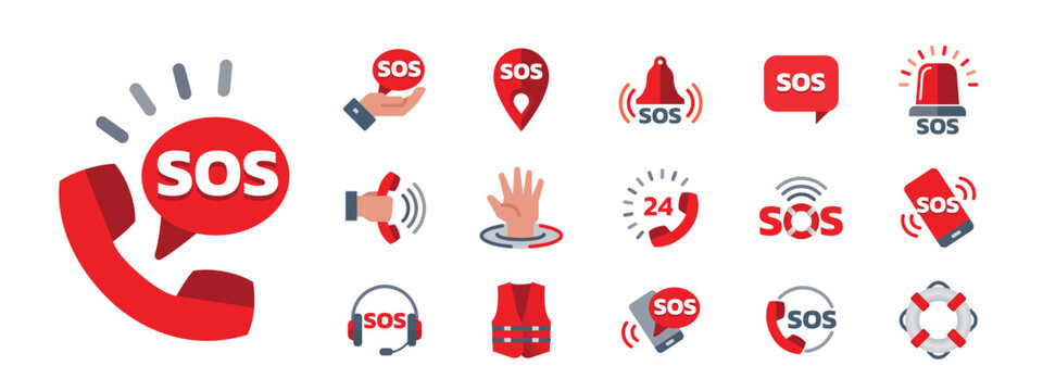 Collection of red SOS and emergency vector icons. Includes help, rescue, 24-hour support, lifebuoy, siren, and telephone signs in flat design style. Perfect for safety apps and websites.