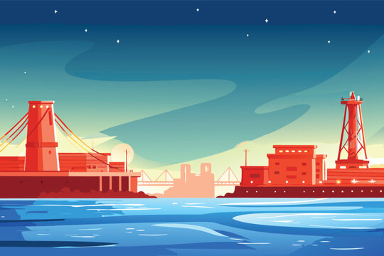 Harbor Night Lights Scene Vector Illustration of