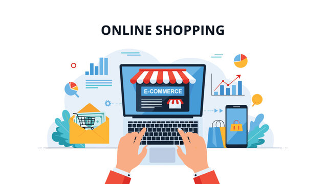 Person types on a laptop keyboard to shop online while surrounded by various e-commerce, banking, and data icons on a light blue background.