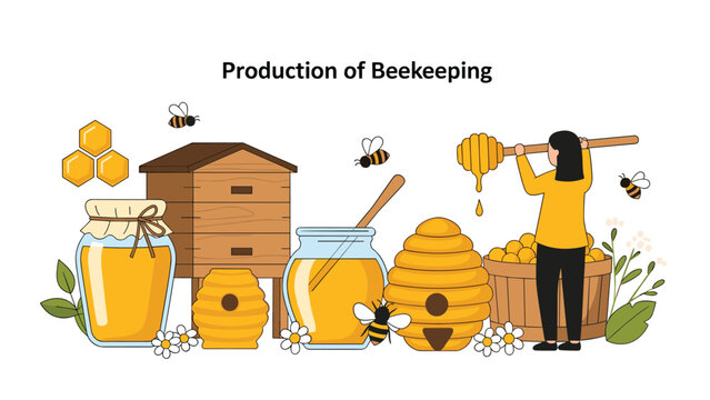 Beekeeping production scene showing a woman collecting honey from wooden beehives with flying bees, jars of honey, and sunflowers.