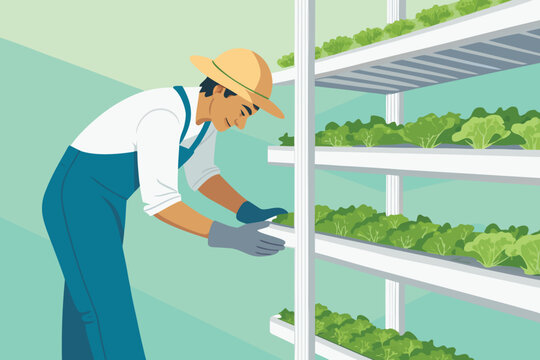 Harvesting Lettuce in Vertical Farm Scene Vector