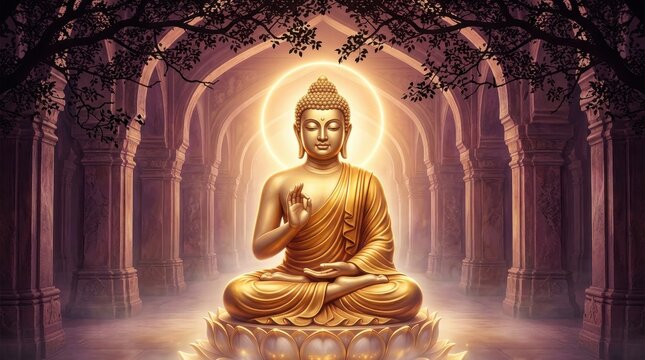 Golden buddha statue sitting in lotus position, surrounded by ancient temple pillars and glowing halo light