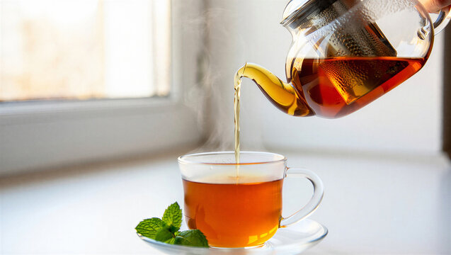 Hot tea is poured from a glass teapot into a glass mug with fresh mint, with window