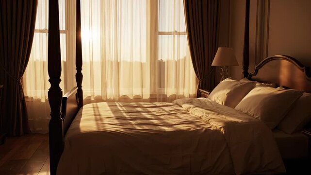 Warm morning light filtering into a cozy bedroom with a four-poster bed and elegant curtains.