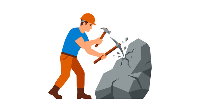 Cartoon miner breaks a large rock with a hammer and chisel