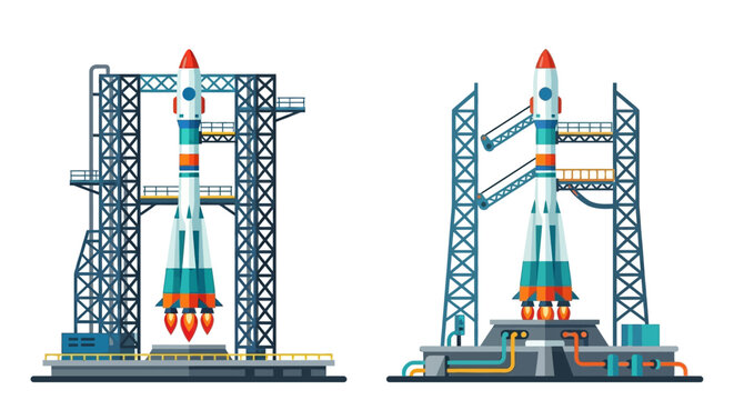 Illustration of two rocket ships poised for launch on platforms