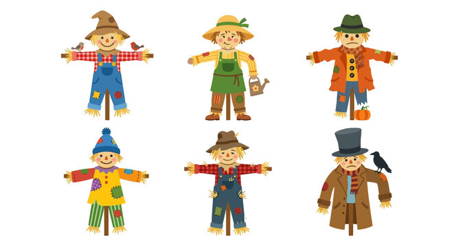 Colorful cartoon scarecrows with various outfits and expressions displayed together