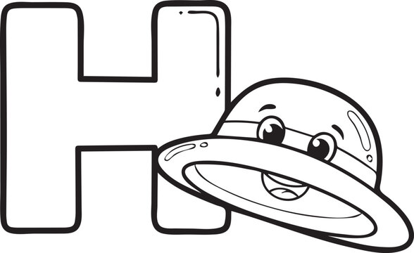 Cartoon flying saucer, smiling alien face, black and white vector, illustration, icon, graphic element