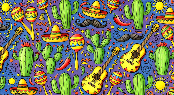 Colorful Mexican Fiesta Pattern with Sombreros, Cacti, Maracas, and Guitars in Doodle Style