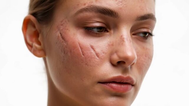 Acne Scars and Post-Acne Marks on Woman Face | Uneven Scarred Texture | Premium Beauty Ad