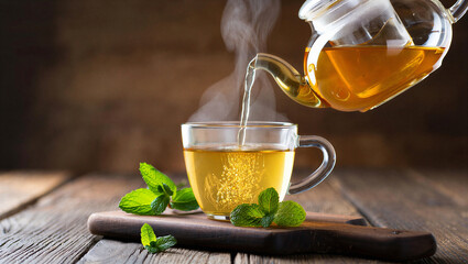 Hot tea being poured from a glass teapot into a steaming cup with fresh mint leaves, herbal tea © Fx Studio