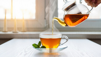 Glass teapot pouring fresh hot tea into a cup with mint leaves on a table, the background © Fx Studio