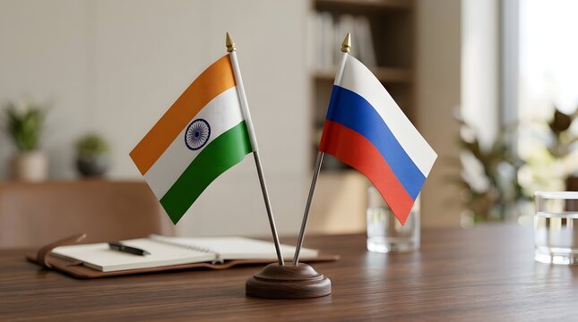 India and Russia flags on desk symbolizing diplomatic relations international partnership trade cooperation and global politics concept