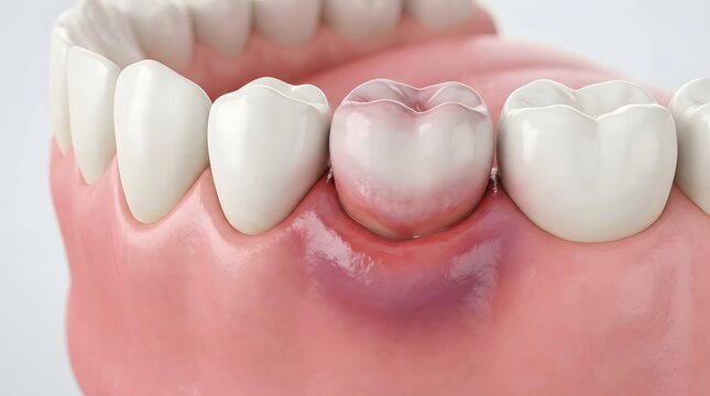 Inflamed gum around tooth showing dental infection pain oral health problem gum disease treatment concept dentistry and hygiene care awareness