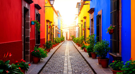 Fototapeta premium Vibrant cobblestone street lined with colorful houses in a charming Mexican town, leading to a bright light in the distance.