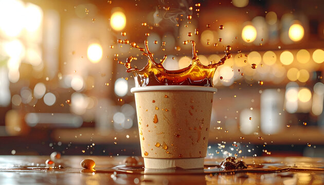 A dynamic close-up captures the moment a splash of coffee erupts from a paper cup, creating a captivating crown-like formation against a blurred, warm-toned background.