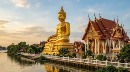 Obraz premium Large golden buddha statue seated beside a traditional thai temple complex at sunset near a calm river bank