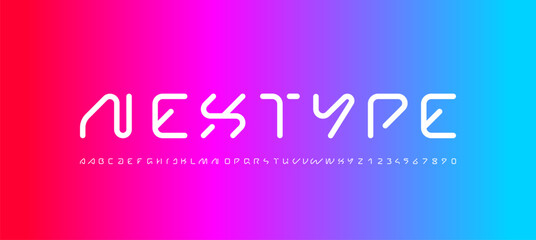 Technical future font, trendy digital cyber white alphabet, letters from A, B, C, D, E, F, G, H, I, J, K, L, M, N, O, P, Q, R, S, T, U, V, W, X, Y, Z and numbers from 0, 1, 2, 3, 4, 5, 6, 7, 8, 9 for  © marooshka