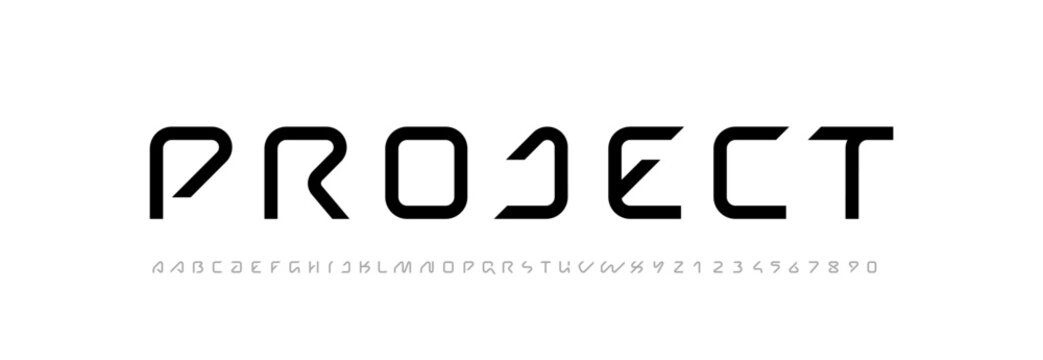 Technical future font, trendy digital cyber alphabet, letters from A, B, C, D, E, F, G, H, I, J, K, L, M, N, O, P, Q, R, S, T, U, V, W, X, Y, Z and numbers from 0, 1, 2, 3, 4, 5, 6, 7, 8, 9 for design