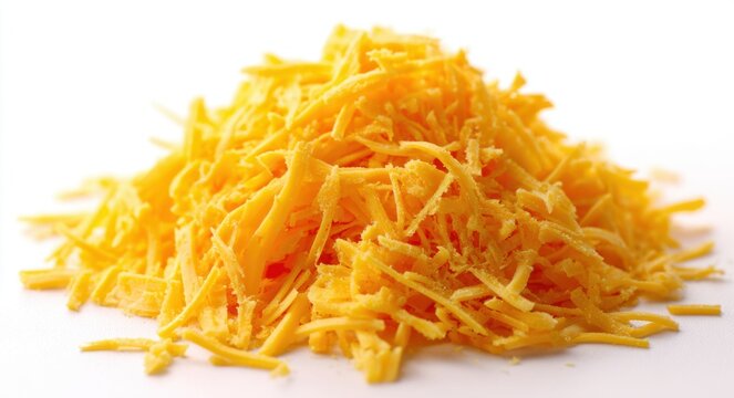 Heap of grated cheddar cheese showcasing vibrant yellow-orange color and stringy texture with fine shreds on a plain white background