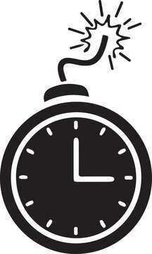 Bomb with clock face, burning fuse, and exploding spark, concept of time pressure, deadline or explosive situation, graphic illustration.